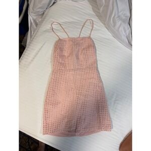 Pink Eyelet Shimmer Mini Dress Square Neck Cross Back Spaghetti Strap Sleeveless